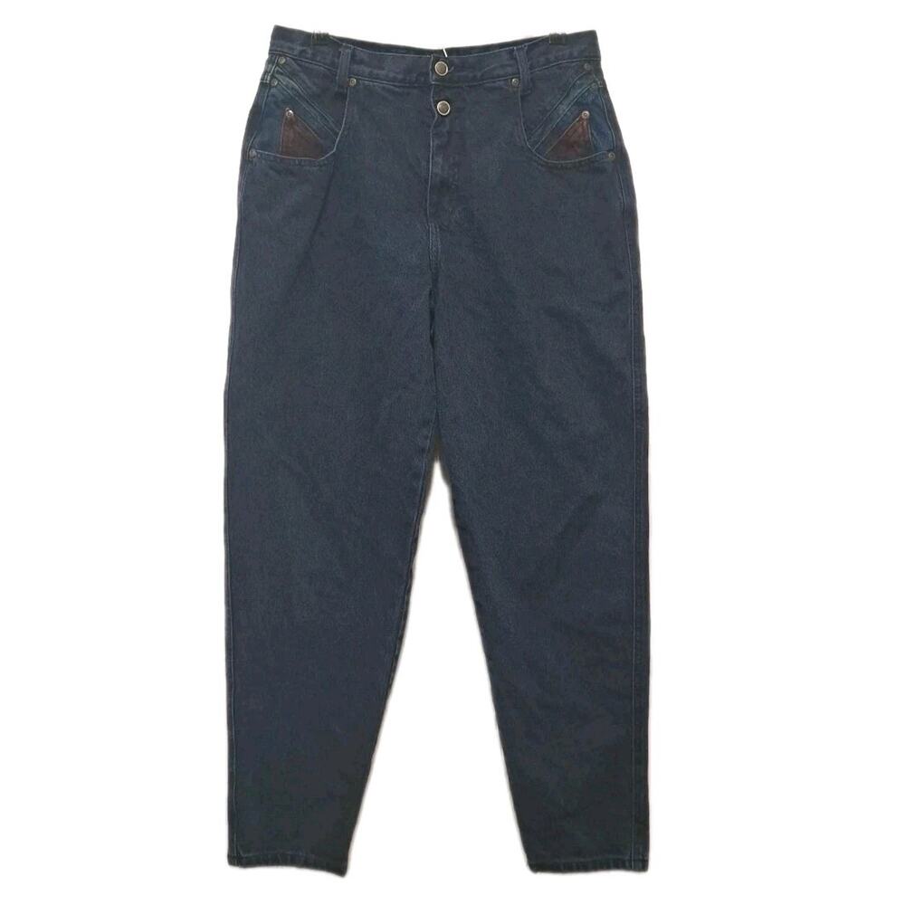 VTG ZENA Jeans Womens 16 Blue Dark Denim High Waisted Tapered Colorblock Pockets